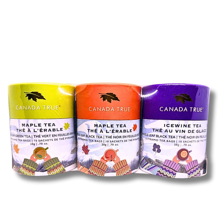 Canada True Premium Tea Gift Set – Maple & Icewine Flavored Whole Leaf Ceylon Tea – 3 Souvenir Canisters (3 × 20g, 30 Pyramid Bags Total) a-Naturally Flavored No Sugar And Calorie-Free