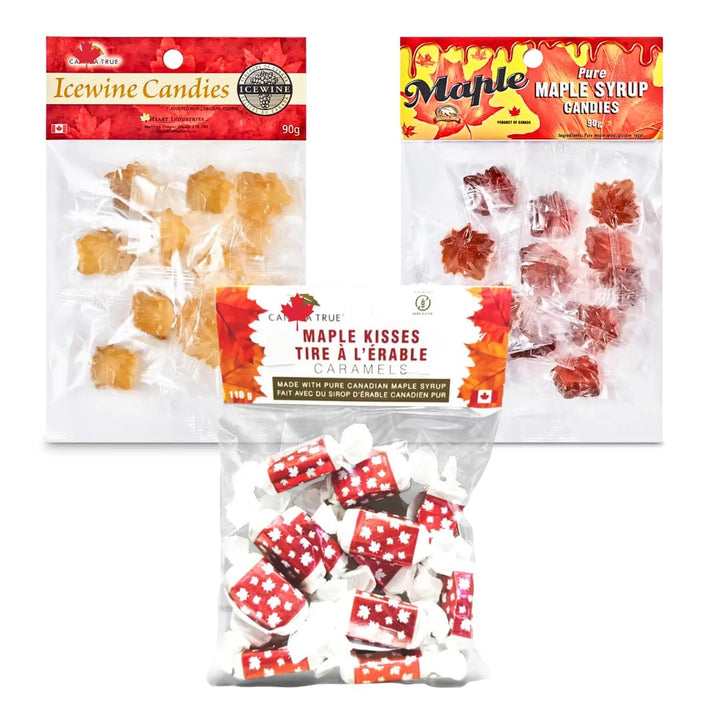 CanadaTrue Gift Value Bundle – Maple Kisses, Icewine Drops & MapleLeaf Candies – 3 x 90g Individually Wrapped | Classic Canadian Treats | Made with Real Maple Syrup | Souvenir