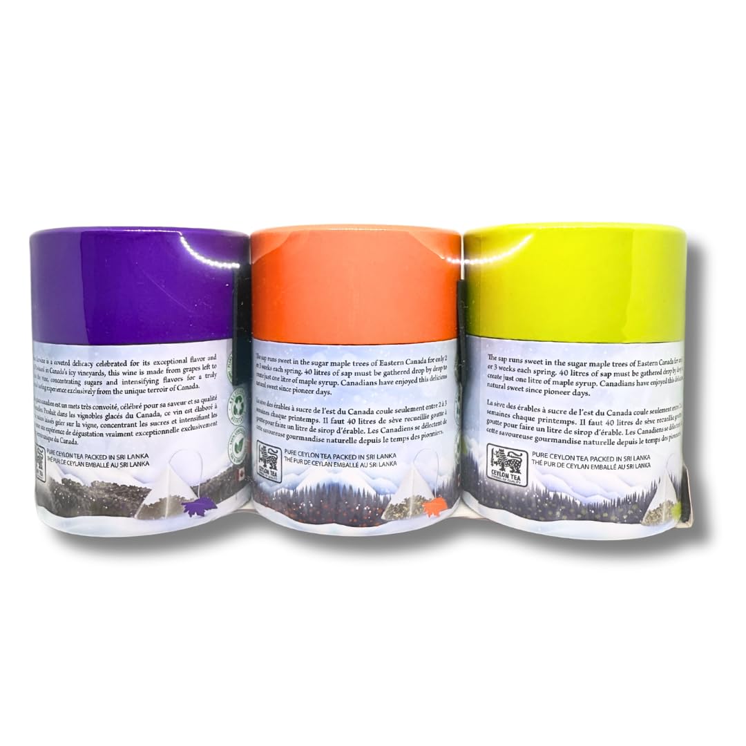 Canada True Premium Tea Gift Set – Maple & Icewine Flavored Whole Leaf Ceylon Tea – 3 Souvenir Canisters (3 × 20g, 30 Pyramid Bags Total) a-Naturally Flavored No Sugar And Calorie-Free
