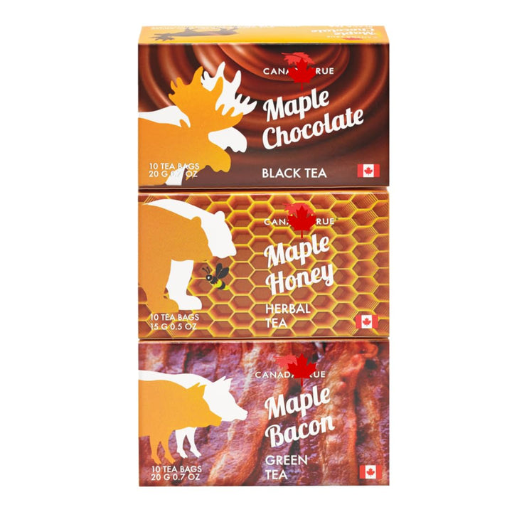 CanadaTrue Maple Tea Sampler – Maple Bacon, Chocolate and Honey – Unique Canadian Flavored Teas – 3 Pack Gift Set – 30 Tea Bags Total – Made in Canada – Great Souvenir or Gift