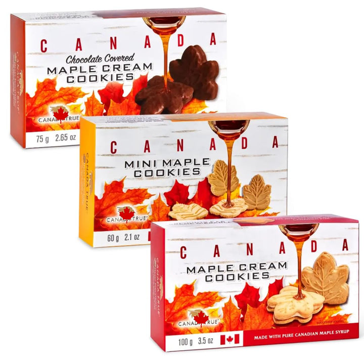 CanadaTrue Maple Cookies Variety Pack – 100g Cream, 75g Chocolate Covered, 60g Mini – 3 Flavors Made with Pure Canadian Maple Syrup – Gift Box Set
