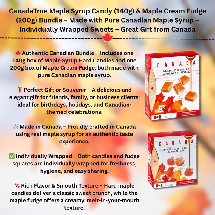 Canada Maple Syrup Candy (140g) & Cream Fudge (200g) Bundle – Made with Pure Canadian Maple Syrup – Individually Wrapped Sweets – Value Bundle-Gift from Canada