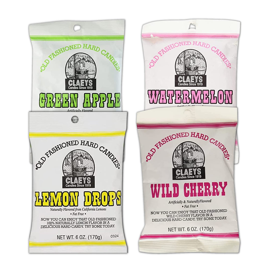 Hard Candy Variety Pack Bundle. Includes Four-6 Oz Bags of Claeys Old Fashioned Hard Candy. 1 of Each: Watermelon Candy, Wild Cherry, Green Apple and Lemon Drops! Comes With a BELLATAVO Fridge Magnet!