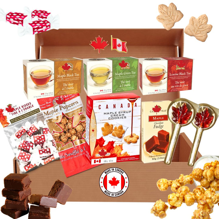 Canadian Treats Gift Box – Made with Pure Maple Syrup: Cookies 120g, Popcorn 100g, Kisses 110g, Chocolate Fudge 85g, 3 Tea Boxes( Black Tea/Green Tea/Icewine Black Tea), 2 Maple Lollipops, 2 Canada