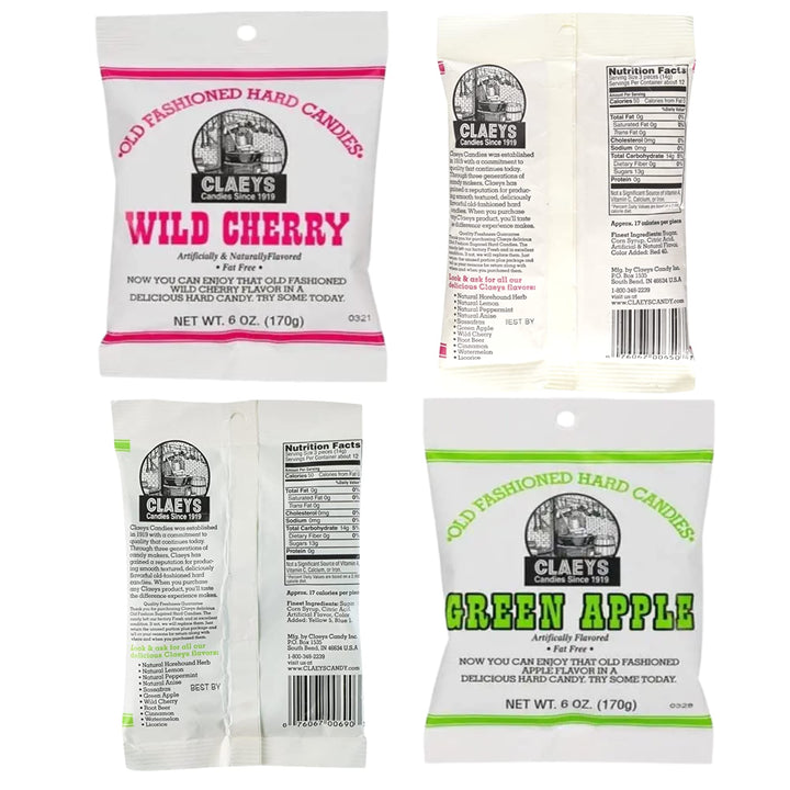 Hard Candy Variety Pack Bundle. Includes Four-6 Oz Bags of Claeys Old Fashioned Hard Candy. 1 of Each: Watermelon Candy, Wild Cherry, Green Apple and Lemon Drops! Comes With a BELLATAVO Fridge Magnet!