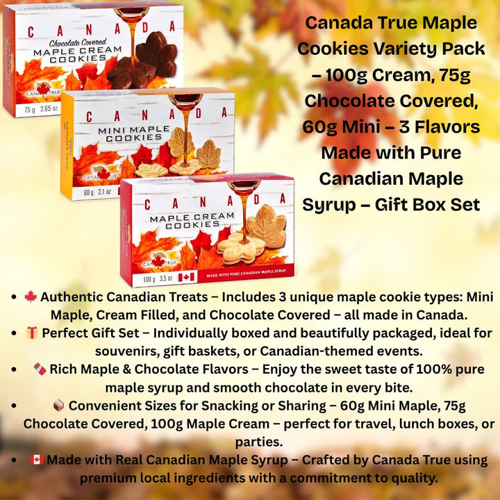 CanadaTrue Maple Cookies Variety Pack – 100g Cream, 75g Chocolate Covered, 60g Mini – 3 Flavors Made with Pure Canadian Maple Syrup – Gift Box Set