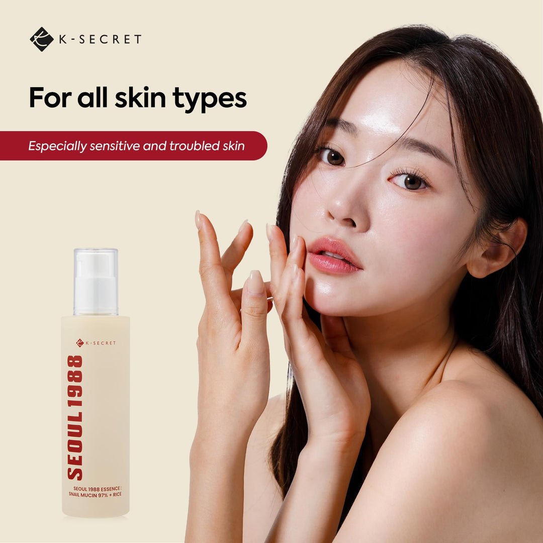 K-SECRET Snail Mucin Essence Serum: 97% Snail Secretion & Rice Ferment Filtrate & Rice Extract for Skin Hydration Soothing and Balancing - SEOUL 1988 Korean Skincare Cruelty Free Paraben Free 100mL