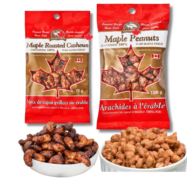 CanadaTrue Maple Snack 2-Pack – Roasted Cashews 70g & Peanuts 150g – Made in Canada with Real Maple Syrup – Canadian Food Gift, Travel Treat, Souvenir Snack