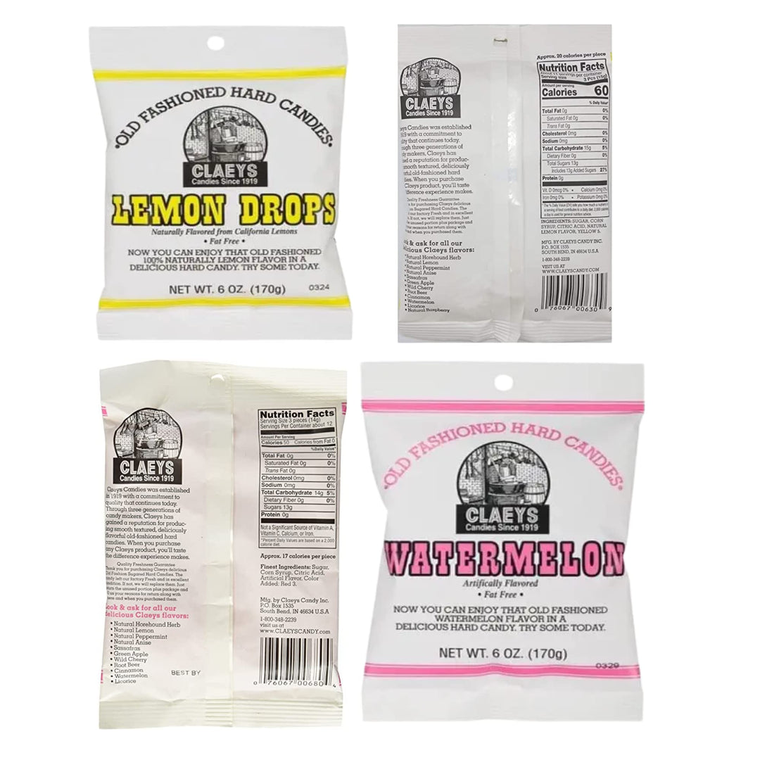 Hard Candy Variety Pack Bundle. Includes Four-6 Oz Bags of Claeys Old Fashioned Hard Candy. 1 of Each: Watermelon Candy, Wild Cherry, Green Apple and Lemon Drops! Comes With a BELLATAVO Fridge Magnet!