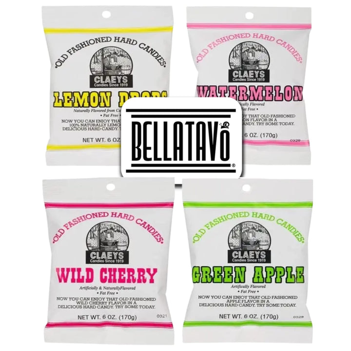 Hard Candy Variety Pack Bundle. Includes Four-6 Oz Bags of Claeys Old Fashioned Hard Candy. 1 of Each: Watermelon Candy, Wild Cherry, Green Apple and Lemon Drops! Comes With a BELLATAVO Fridge Magnet!