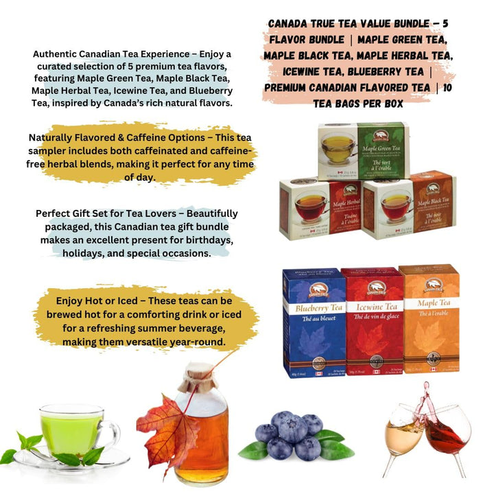 Canada True Tea Value Pack – 6 Flavors | Green, Black, Herbal, Icewine,Maple & Blueberry | Premium Canadian Flavored Tea | 10 Tea Bags Per Box