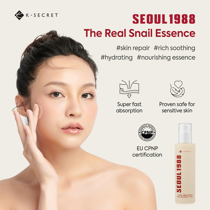 K-SECRET Snail Mucin Essence Serum: 97% Snail Secretion & Rice Ferment Filtrate & Rice Extract for Skin Hydration Soothing and Balancing - SEOUL 1988 Korean Skincare Cruelty Free Paraben Free 100mL