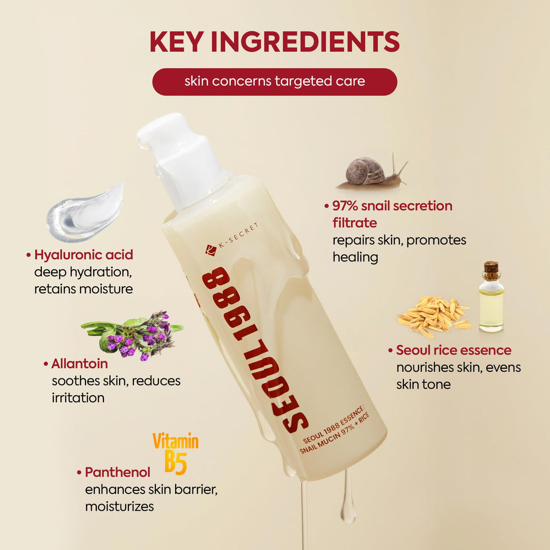 K-SECRET Snail Mucin Essence Serum: 97% Snail Secretion & Rice Ferment Filtrate & Rice Extract for Skin Hydration Soothing and Balancing - SEOUL 1988 Korean Skincare Cruelty Free Paraben Free 100mL