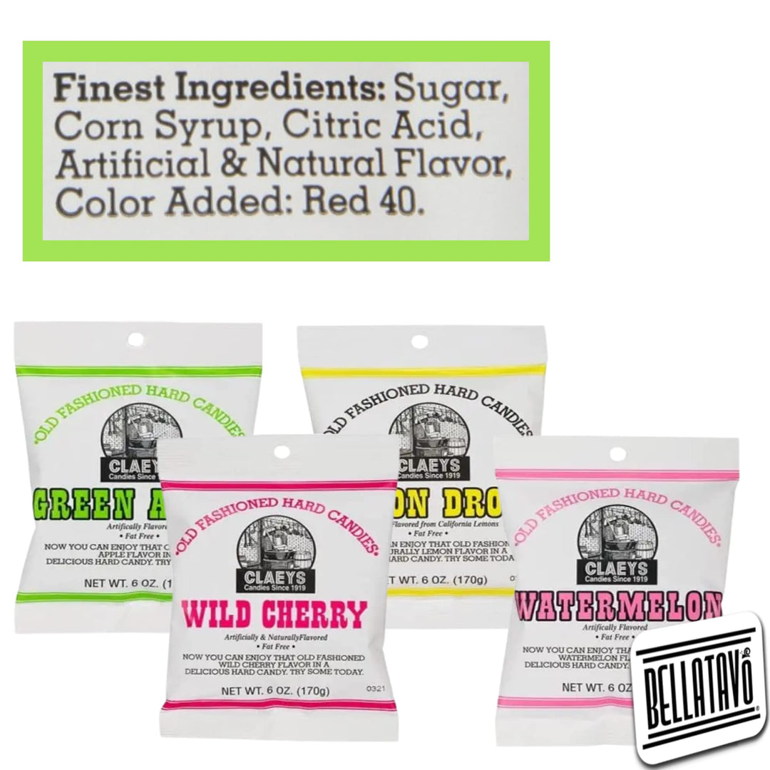 Hard Candy Variety Pack Bundle. Includes Four-6 Oz Bags of Claeys Old Fashioned Hard Candy. 1 of Each: Watermelon Candy, Wild Cherry, Green Apple and Lemon Drops! Comes With a BELLATAVO Fridge Magnet!