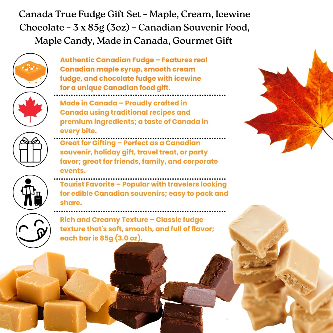 Canada True Fudge Gift Set – Maple, Cream, Icewine Chocolate – 3 x 85g (3oz) – Canadian Souvenir Food, Maple Candy, Made in Canada, Gourmet Gift for Tourists and Holidays