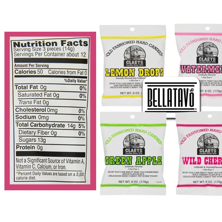 Hard Candy Variety Pack Bundle. Includes Four-6 Oz Bags of Claeys Old Fashioned Hard Candy. 1 of Each: Watermelon Candy, Wild Cherry, Green Apple and Lemon Drops! Comes With a BELLATAVO Fridge Magnet!