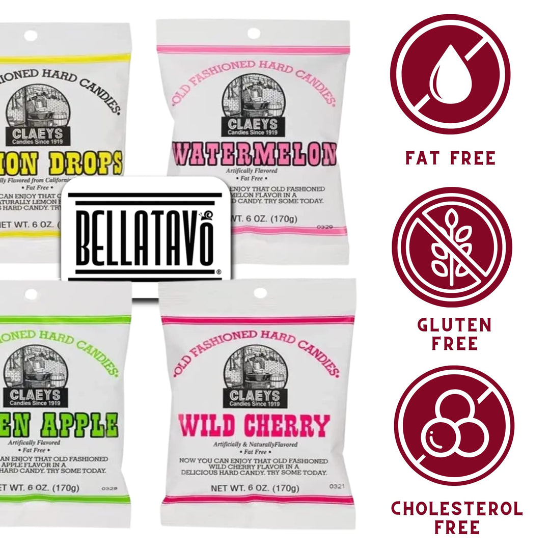 Hard Candy Variety Pack Bundle. Includes Four-6 Oz Bags of Claeys Old Fashioned Hard Candy. 1 of Each: Watermelon Candy, Wild Cherry, Green Apple and Lemon Drops! Comes With a BELLATAVO Fridge Magnet!
