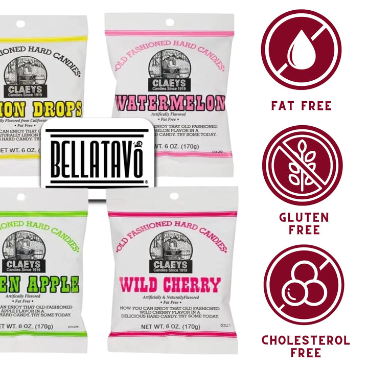 Hard Candy Variety Pack Bundle. Includes Four-6 Oz Bags of Claeys Old Fashioned Hard Candy. 1 of Each: Watermelon Candy, Wild Cherry, Green Apple and Lemon Drops! Comes With a BELLATAVO Fridge Magnet!